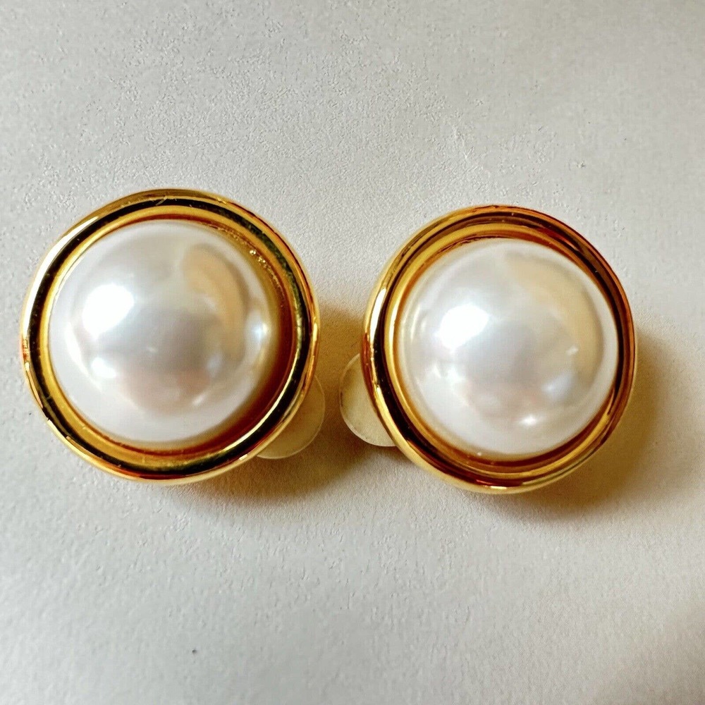 Vintage Liz Claiborne Gold Tone Faux Pearls Earrings Clip On